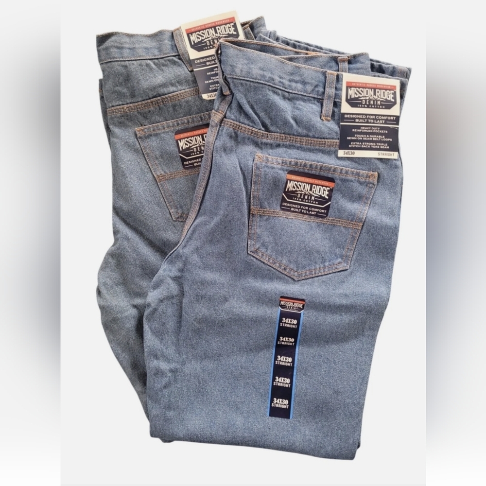 (2) Mission Ridge Men's Jeans 34x30(Fits 32x30) Blue Denim Regular Straight Leg